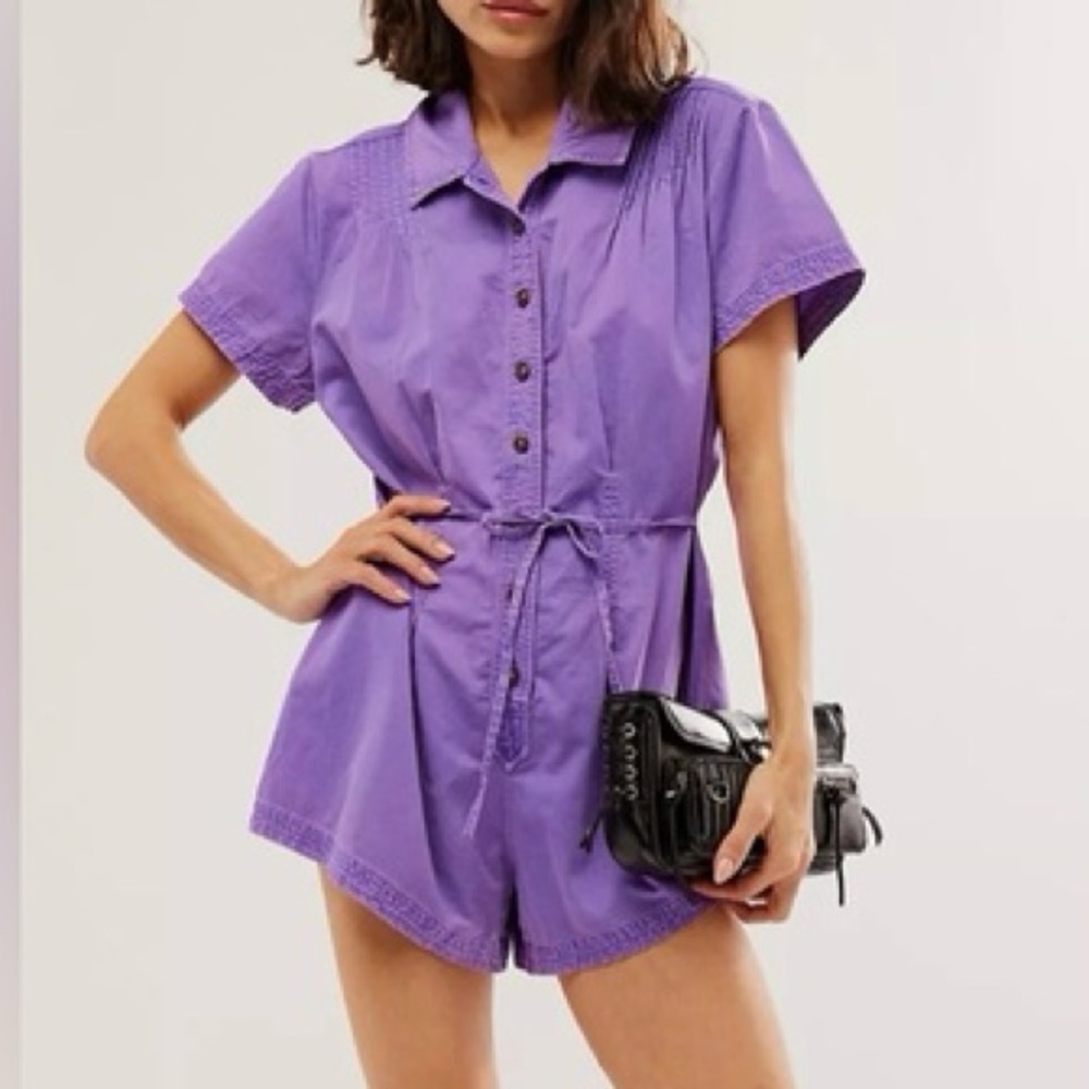 FREE PEOPLE Keep It Crisp Shortall Ultra Violet Purple Button-Up Romper Small